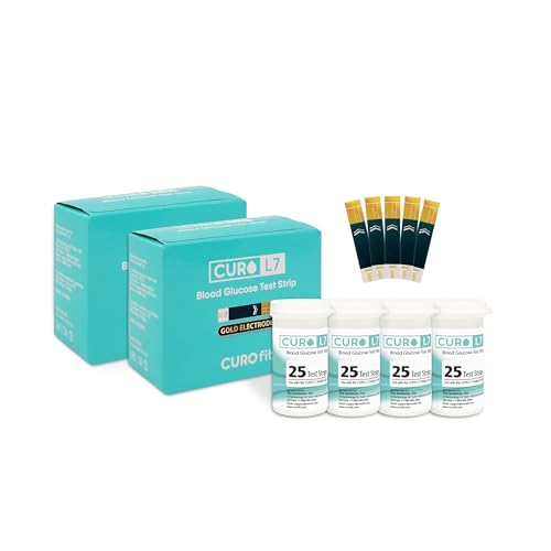 CURO L7 Glucose Test Strips 100 Count (4 Vials of 25) Gold Electrode for CURO L7 Meter Only No Coding GDH-FAD Enzyme Accurate Blood Sugar Testing at Home (Device NOT Included)