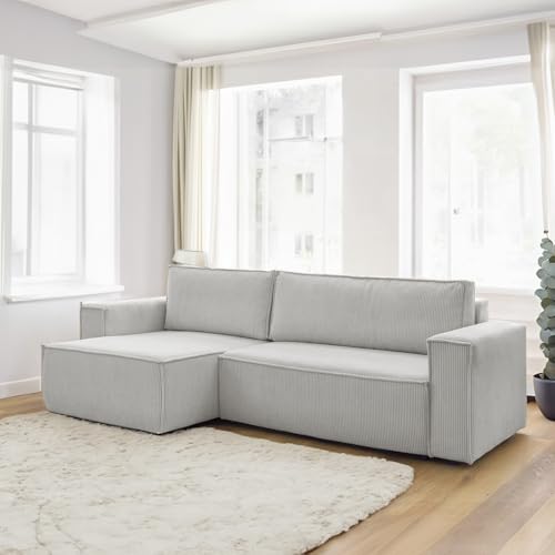 payé Ecksofa mit Schlaffunktion Grau 287x145x75cm, Cord Stoff, Moderne Eckcouch für Wohnzimmer mit Rückenkissen Schlafsofa