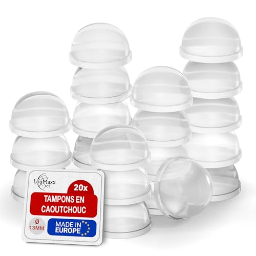 LouMaxx Tampons Transparents - 20 pièces Ø 13mm - Tampon Porte Autocollant avec Maintien Extra Fort - Amortisseur Porte Premium Contre Les Rayures, Les bruits et Les...