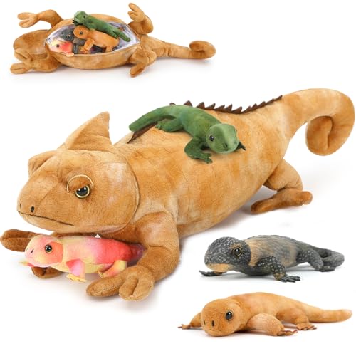 Image of Lizard Stuffed Animal with 4 Babies, 27 inch Chameleon Plush, Yellow