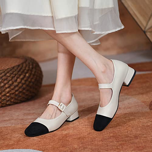 MOOMMO Women Elegant Ankle Strap Mary Jane Shoes Low Chunky Block Heel 1" Cap Toe Ballet Flats Two Tone Round Closed Toe Dress Sandals Buckle Patchwork Comfort Office Wedding Pump Chic Fall 4-10 M US3