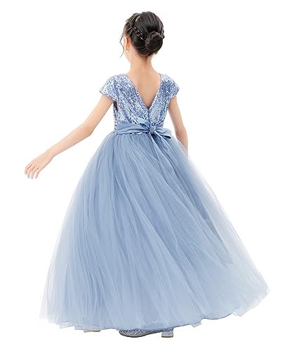 ekidsbridal Sequins V-Back Cap Sleeves Formal Flower Girl Dresses for Junior Pageants 323