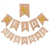 Eid Mubarak Bast Banner, Ramadan Holz Deko-Set, Jute Schwalbenschwanz Fahne für Kamin, Hintergrund, Innenraum Deko, Ramadan Deko, Glitzer Banner