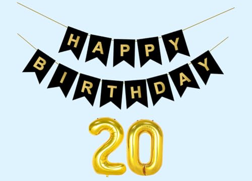 Image of 20th Happy Birthday Decoration Kit Black for 20 year Old Boys Girls Teenage with Number TwentyParty Decorations Decor Celebration Items Item Set Combo Reusable Paper Banner