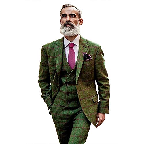 Men's Plaid Wool Blend Tweed Slim Fit Party Wedding Tuxedo Green Fashion 3 Piece Suits