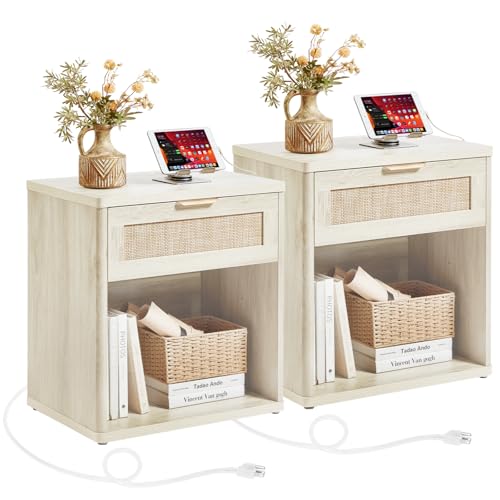 Image of LEYAOYAO Rattan 23 inch Nightstands Set of 2 with Charger for Bedroom | Gold Metal Handle, Storage Shelf, Grey Night Stand with Drawer, Boho Bedside Table, Bed Side End Tables Living Room, Hallway