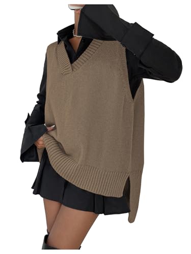 SOLY HUX Women's V Neck Oversized Sweater Vest Sleeveless Side Slit Knit Tank Tops Pullover Pure...