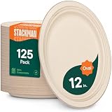 Stack Man 12 Inch Oval Paper Plates Heavy Duty Disposable - [125-Count] Biodegradable Sugarcane Bagasse Platters, Perfect for Thanksgiving Turkey & BBQ, Microwave Safe, PFAS-Free Sturdy Eco-Friendly