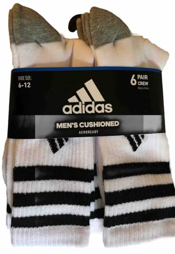 adidas Men's Cushioned Aeroready Crew Socks (6 pair) white three stripe White/Black/Grey (Men's Shoe Size 6-12)