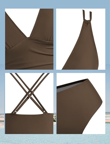 Image of ZAFUL Womens Tankini Swimsuits V Neck Push Up Swim Top Color Block Tummy Control High Waisted Bathing Suits Swim Bottom