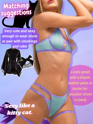 Kaei&Shi Garter Lingerie For Women, Contrast Color Strappy Cutout Sheer Mesh Sexy Lingerie, Underwire Double Layer Elastic Thong Thigh Strap Belt 4 Piece Lingerie Set Boudoir Seafoam Green Medium #TOP4