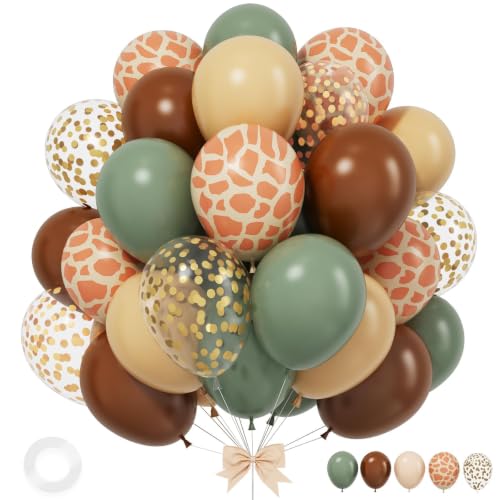 Image of Green and Brown Balloons, 12 Inchs Sage Green Deer Print Gold Confetti Balloons for Kids Woodland Baby Shower Decorations Safari Jungle Dinosaur Theme Birthday Party Wedding Grauation Supplies