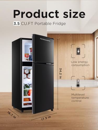F.W.WOOLWORTHS 3.5 Cu.Ft Compact Refrigerator with Freezer, Mini Fridge with 2 Doors for Office, Kitchen, Dorm and Bedroom, Small Fridge with 7 Level Temp Adjustable Thermostat, Black - Thumbnail 3