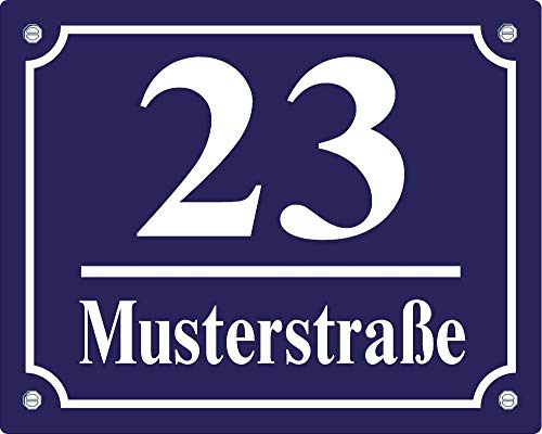 Hausnummernschild - Format 200 x 160 mm - Hausnummer - Emaille - Keramik - Wetterfest - Türschild. Farben: Blau Grün Anthrazit Weiß Zahl und Straßenname nach Wunsch. J.Pfaffenzeller