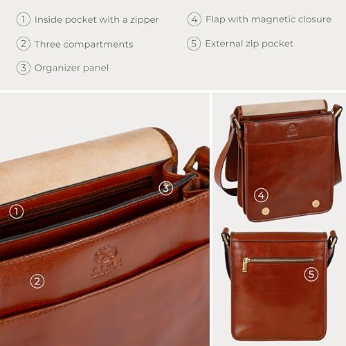 Image of Time Resistance Italian Leather Messenger Bag for Men - Full Grain Leather Men's Crossbody Bag - Tablet Sized Shoulder Bag