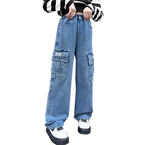 4-14 yrs Kids Girls Cargo Jeans Ripped Distressed Denim Pants Elastic Waist Baggy Trousers