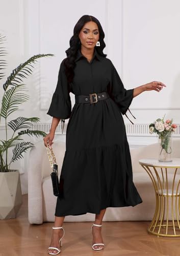 Image of Women's Long Sleeve Maxi Shirt Dress Elegant Button Down Loose Swing Party Dress