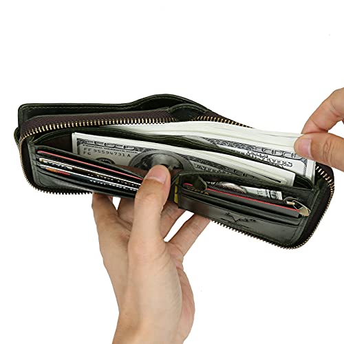 Image of MING CLAN Leather RFID Blocking Bifold Wallet For Men With Zipper, Flap ID Window Zip Coin Pocket, Big Capacity Credit Card Holder For Travel, Green, Medium, Zipper Wallet
