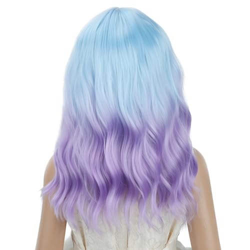 Image of PATTNIUM Girls Blue Ombre Purple Wig with Bangs Kids Short Wavy Curly Wig Blue and Purple Bob Wigs Synthetic Halloween Costume Cosplay Party Wigs