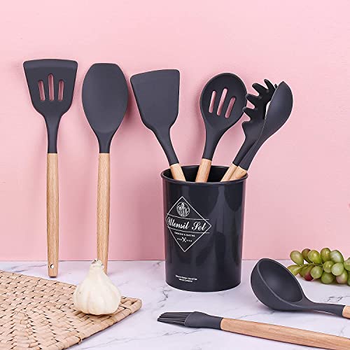FIOUSY Kitchen Utensil Set, 12 PCS Silicone Cooking Utensils Set with Wooden Handle, Heat Resistant, Nonstick Cookware Tongs Spatula Spoon Set, Dishwasher Safe, Best Kitchen Tools (Black)