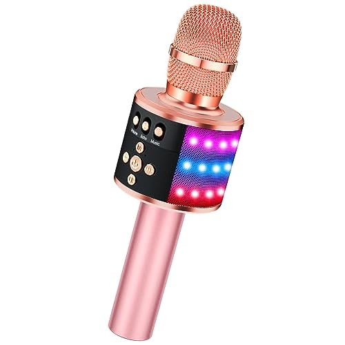 BONAOK Rose Gold Karaoke Microphone for Kids & Adults, Bluetooth Singing Mic with Disco Lights & Echo Effect, Built-in Battery Non-Detachable, Portable Karaoke Speaker Player for Party, Travel & Gifts