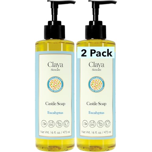 Image of Claya Eucalyptus Liquid Castile Soap - Organic Ingredients, Biodegradable, Refreshing Scent, Gentle for Skin and Versatile Use (2 Pack of 16 fl oz (Pump Cap))