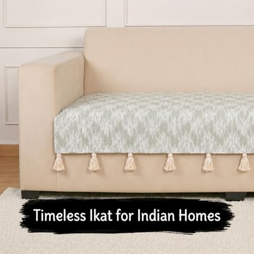 Image of STITCHNEST 'Verdant Ikat Stories' 3 Seater Sofa Cover| Elegant Jacquard Fabric, Decorative Tassels, Washable & Durable for Modern Living