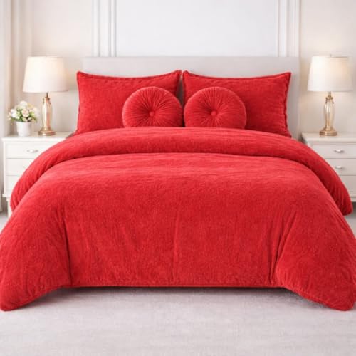Image of Sands Luxurious 6Pc Bedding Set for Winter, 1 Double Duvet Cover,1 Double Bed bedsheet, 2 Pillow Covers, 2 Round Cushions, Ultra Soft Woollen Bedsheet Set- 90X100 inches (Red)