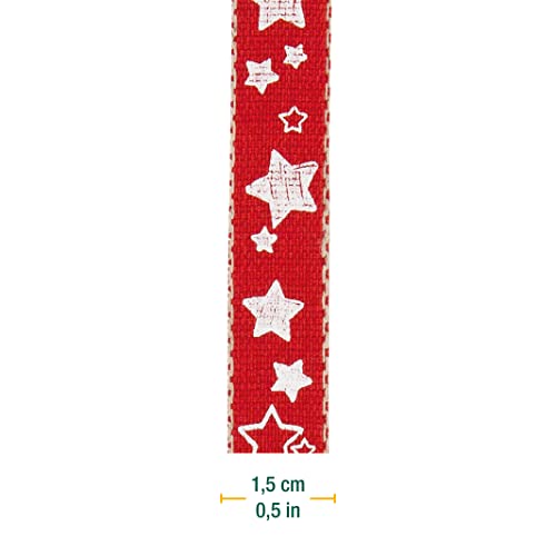 Halbach Seidenbänder Christmas Ribbon 15 mm x 15 m Gift Wrapping Ribbon with Stars Printed and Linen Edges Colour: Red/White - Image 2