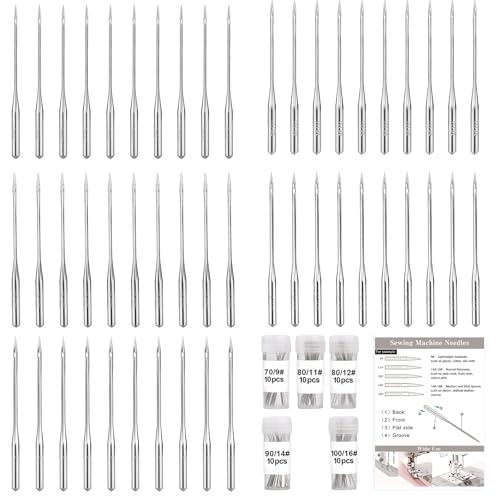 Wamkon 50 Stücke Nähmaschine Nadel Set, 5 Größen 70/9, 80/11, 80/12, 90/14, 100/16 Nähen Maschine Nadel, Universal Nähmaschine Nadeln Set für Haushalt Nähen