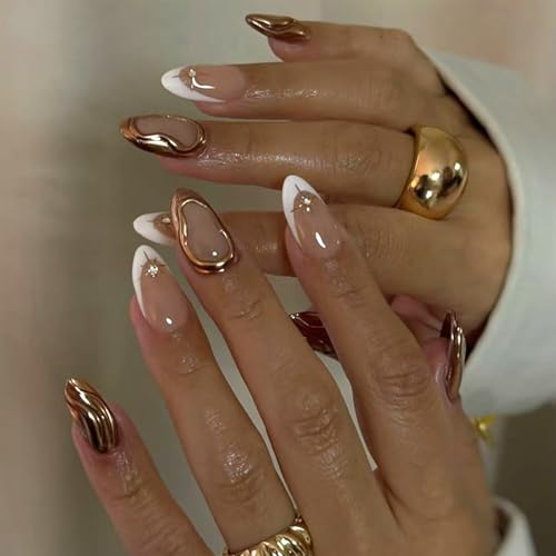 VOTACOS Gold French Tip Press on Nails Short Almond Nude Acrylic Fake Nails Press Ons with Designs Glitter 3D Line Star Glue on Nail for Women 24PCS Rhinestone Reusable Artificial Stick on False Nail
