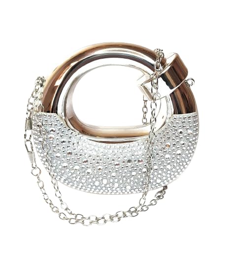 Image of Crystal Embellished Evening Clutch Bag with Curved Handle, Rose Gold Metallic Finish, Detachable Chain Strap, Mini Size