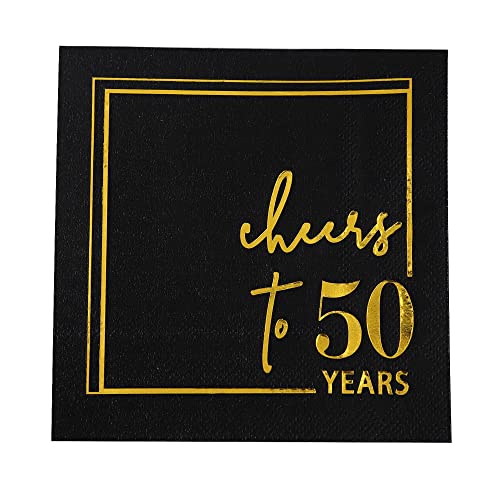 Cheers to Years Cocktail Napkins - 50 PK - 3-Ply Birthday Napkins 5x5 Inches Disposable Party Napkins Beverage Paper Napkins or Birthday Decorations Wedding Anniversary Black and Gold (50 Years)