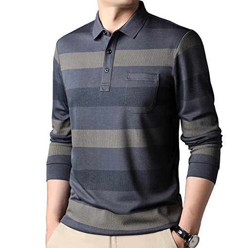 Mens Casual Chest Pocket Striped Slim Fit Long Sleeve Collared T Shirt Polo Shirts2