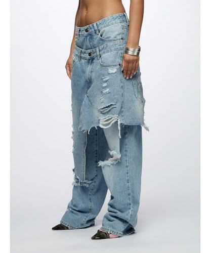 Women's Baggy Hip-Hop Jeans High Waisted Ripped Tear Splicing Straight Wide-Leg Street Denim Jeans2