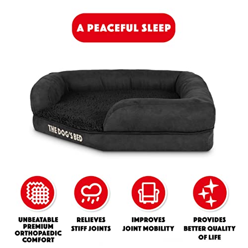 The Dog's Bed Orthopädisches Eck-Hundebett aus Memory-Schaum, Mittel, Schwarzes Plüsch, lindert Arthritis- und Hüftdysplasie-Schmerzen, Therapeutisch und Unterstützend, Tierärztlich Geprüft