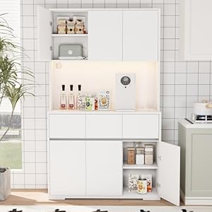 White Kitchen Pantry Cabinet with Power Outlets LED Lights and 3 Drawers Tall Cabinet with Adjustable Shelves and Countertop