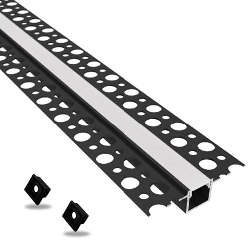 Evotrade Barra perfiles Unión paneles de yeso con canal para iluminación LED, barras de 2 m, empotradas retráctiles + cubierta de luz continua (plana - plana negra)