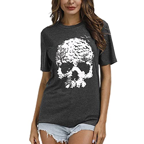 Skull Grapchic Tees For Women Casual Short Sleeve Shirts Loose Fit Vintage Tees Summer Cotton Tops Halloween Horror T Shirts Dark Grey, Xl #TOP6