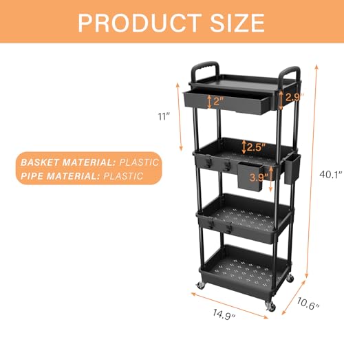 Image of 4 Tier Rolling Utility Cart with Drawer,REBECAT Utility Cart Made of Multifunctional Storage Organizer Tool for Kitchen,Bathroom,Living Room,Office(Black)