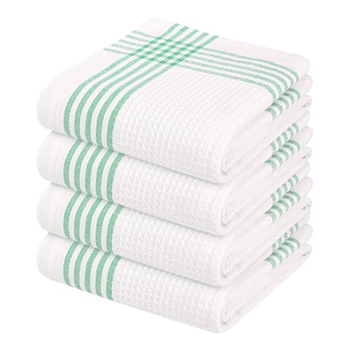 Image of Waffle White & Dark Green Kitchen Towels 4 Pack, 100% Cotton, 16x26 inches, Super Absorbent Tea Towel for Drying Dishes, Quick Drying Kitchen Cloth Set for Daily Cooking, Cleaning