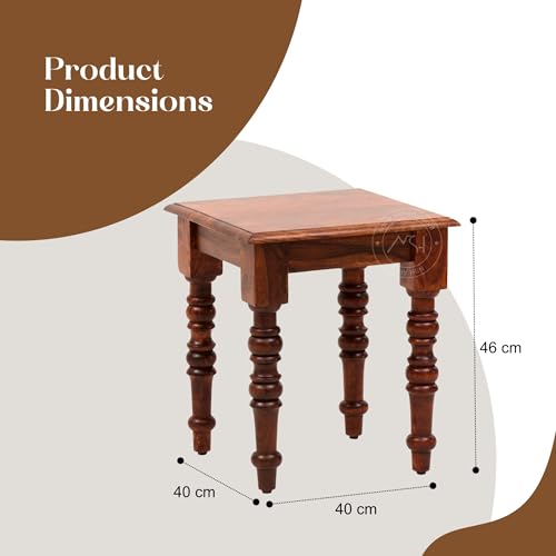 Image of NSH Solid Sheesham Wood Square Top Multipurpose Table Stool | Pre-Assembled, Ideal Corner Stool for Home, Kitchen, Living Room, Bedroom | Honey Finish, 1 Wooden Side Table