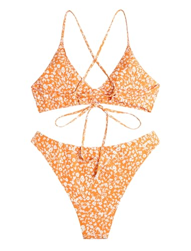 Image of ZAFUL Women's Tie Back Padded High Cut Bralette Bikini Set Two Piece Swimsuit