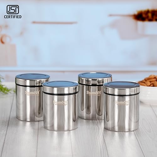 Image of Sumeet ISI Certified Stainless Steel Air Tight Storage Container /Jar /Canister /Dabba with Threading Screw Cap for Kitchen - Pack of 4Pc, 8.3cm, 450ml, Silver