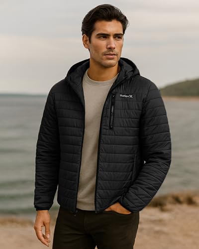 Image of Hurley Mens Puffer Jacket - Lightweight Packable Insulated Winter Coat for Men - Weather Resistant Quilted Outdoor Jacket