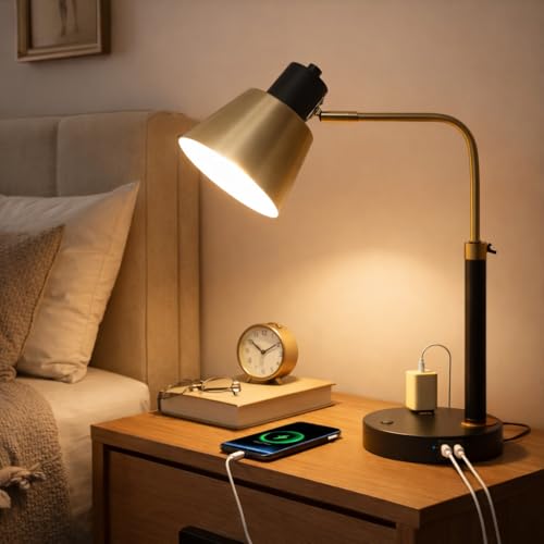 Image of Adjustable Desk Lamp with Dual USB-C /A & AC Outlet 340 Swivel Lamp Head | Metal Desk Lamp,Weighted Base,Table Lamp for Home Office, Bedroom & Reading, Black with Brass Accents (Bulb Not Included)