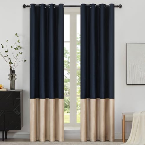 Navy Beige Velvet Blackout Curtains Luxury Decor 108 inches,Color Block