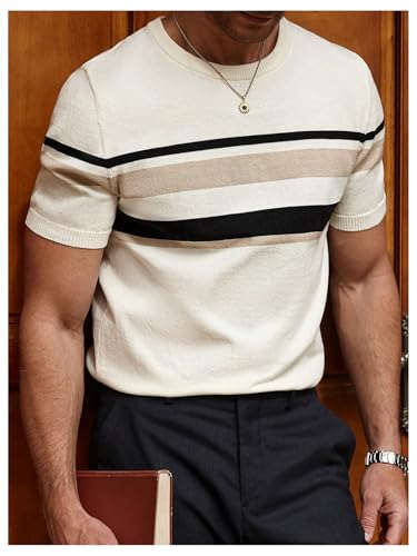 Men's Color Block Short Sleeve Sweaters Crew Neck Knit Pullover Tops Summer Knitwear4