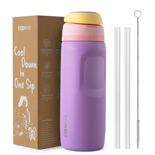 Image of Coolflask MegaSip Insulated Water Bottle 24 oz with Straw, Wide Mouth Water Bottles Leak-Proof, 24+ Hours Cold, BPA-Free Dishwasher Safe, Metal Water Flask for Sports Gym Work Office, Sunrise Purple