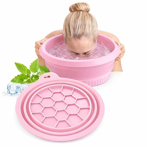 Ice Dipping Face Bowl with Built-in Ice Tray | Silicon, Foldable Ice Bucket for Face Dip | Cold Plunge Therapy, Skin Tightening & Acne Relief – Portable Spa Tool for Home & Travel (Pink)-image-38